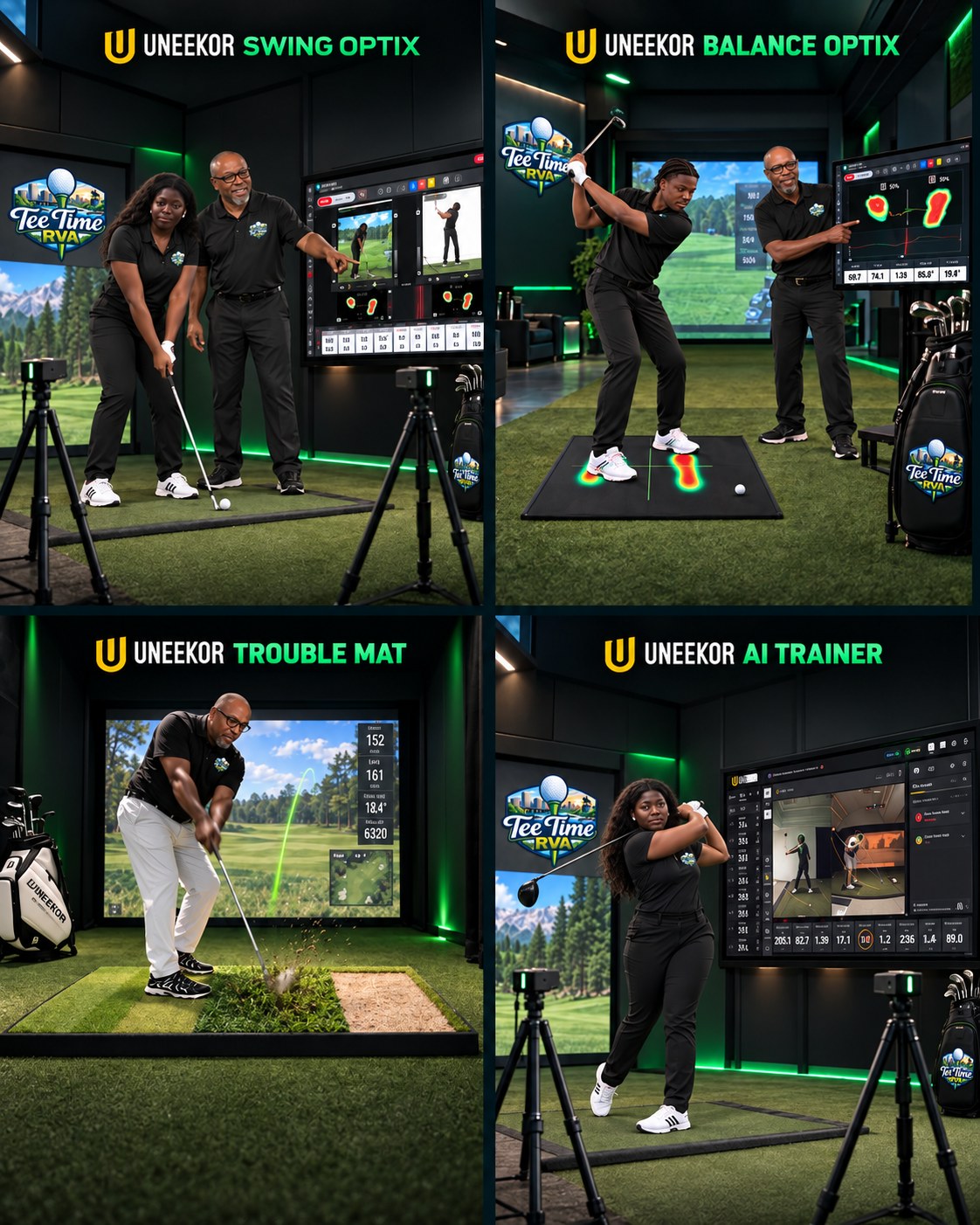 Swing Optix, Balance Optix, Trouble Mat and AI Trainer features in the Tee Time RVA Performance Bay