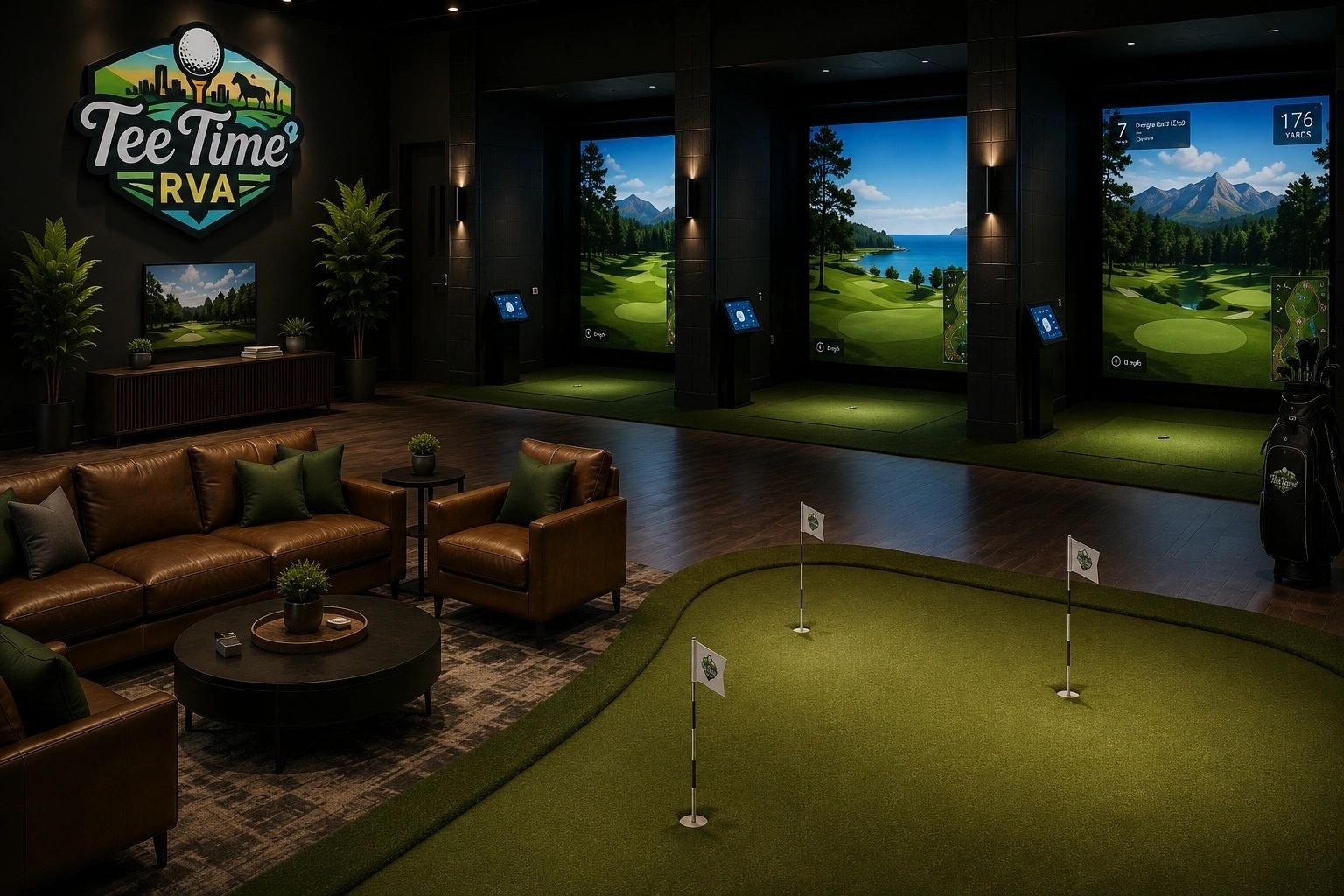 Tee Time RVA interior with three indoor golf simulator bays, the illuminated Tee Time RVA crest on the wall, leather lounge seating and an indoor putting green