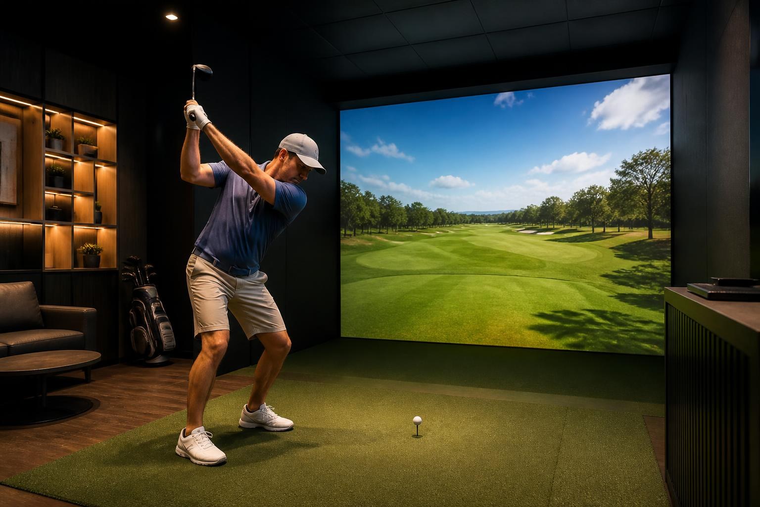 Golfer at the top of the backswing inside a Tee Time RVA simulator bay with a fairway on the screen