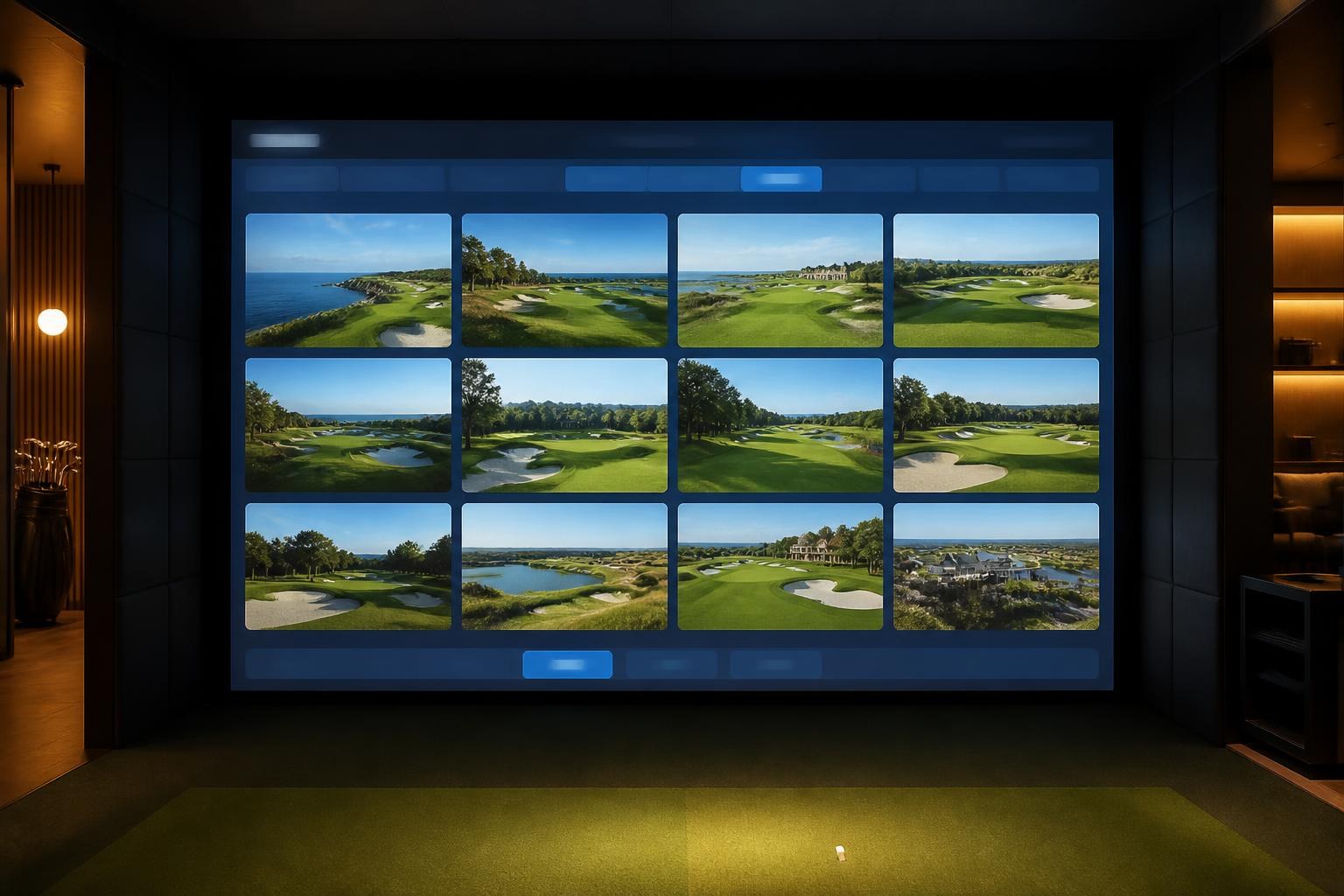 Course selection menu on a Tee Time RVA simulator screen showing a grid of world-class golf courses